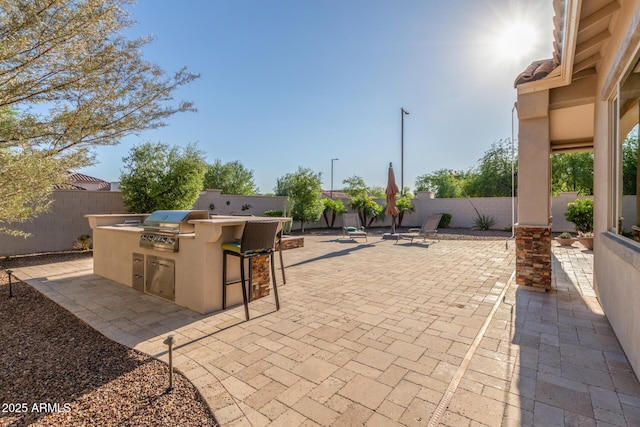 view of patio / terrace with area for grilling, a fenced backyard, and a grill