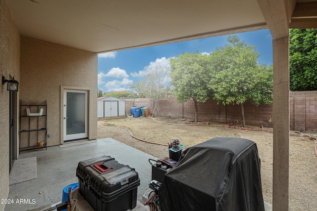 view of patio / terrace with area for grilling and a storage unit