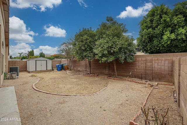 view of yard with a shed and central AC