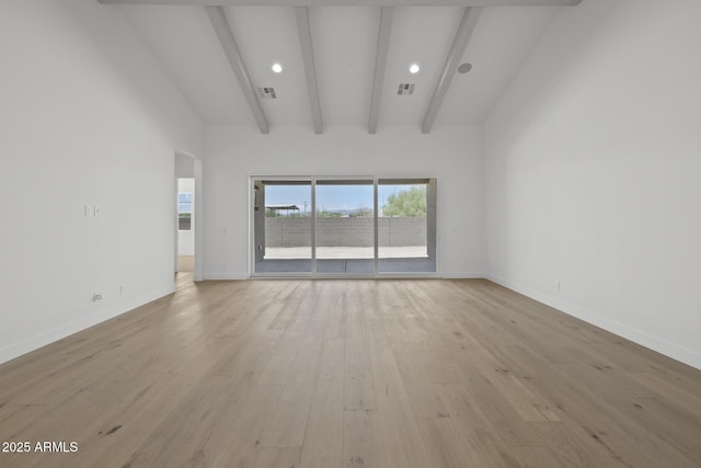 unfurnished room featuring light wood-style floors, baseboards, visible vents, and beamed ceiling