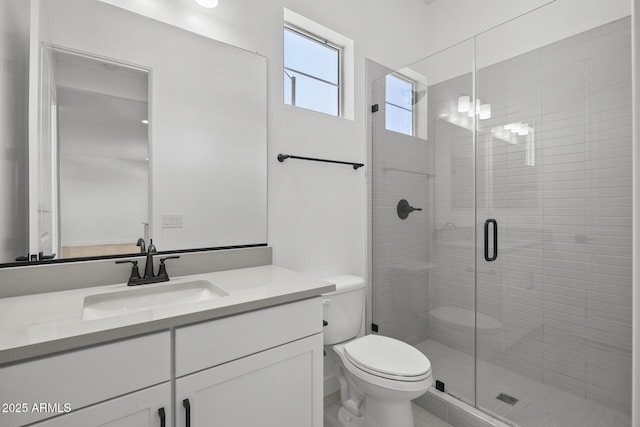 full bathroom with toilet, vanity, and a shower stall