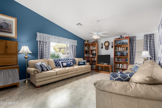 living area featuring visible vents, a ceiling fan, and vaulted ceiling