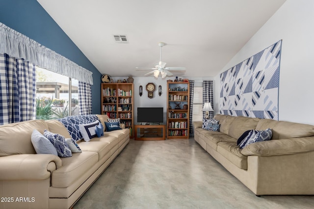 living area featuring visible vents, finished concrete floors, ceiling fan, and vaulted ceiling