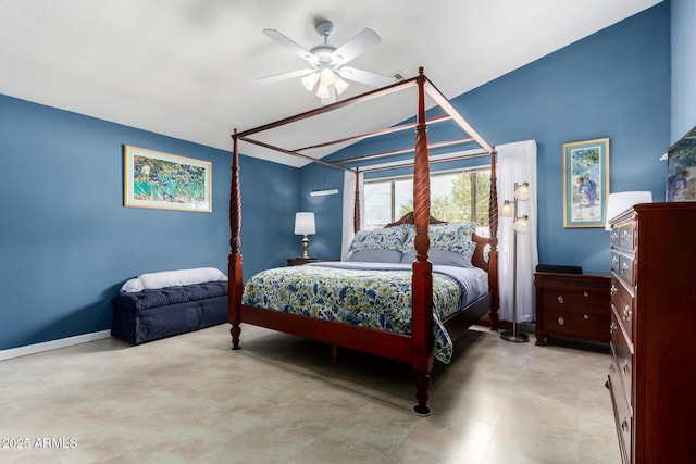 bedroom featuring vaulted ceiling, baseboards, and ceiling fan