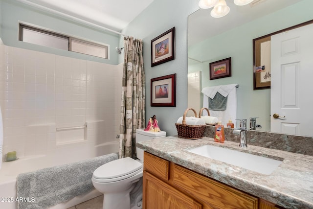 full bath featuring vanity, toilet, and shower / tub combo with curtain