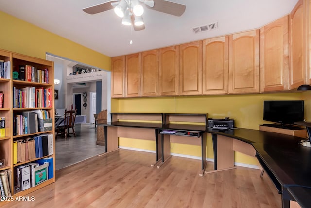 office area featuring visible vents, a ceiling fan, light wood-type flooring, and baseboards