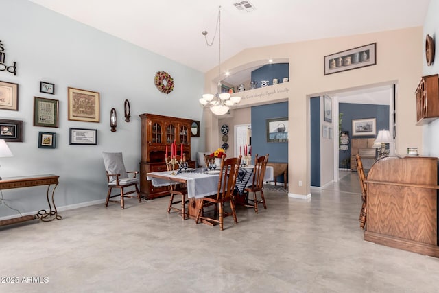 dining area featuring visible vents, baseboards, high vaulted ceiling, and a chandelier