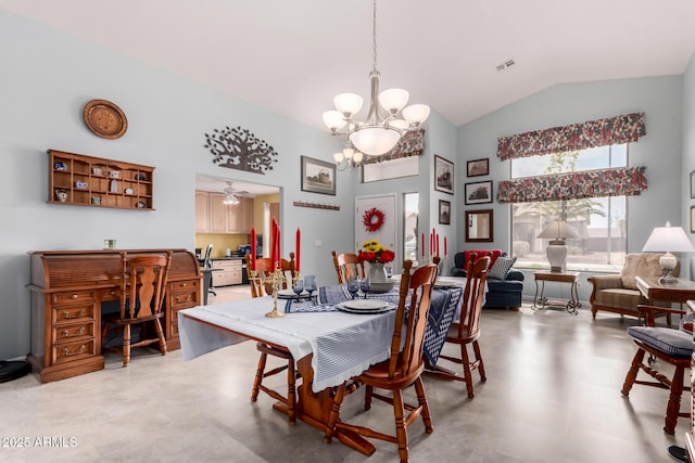 dining area featuring high vaulted ceiling, visible vents, and a chandelier