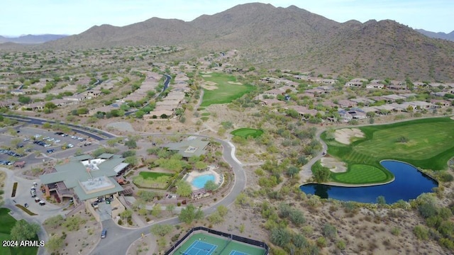 bird's eye view featuring a water and mountain view