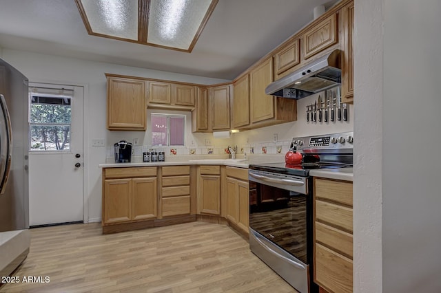3440 N Meadow Dr, Pine, AZ 85544 - kitchen with stainless steel range with electric stovetop, under cabinet range hood, light wood finished floors, and light countertops