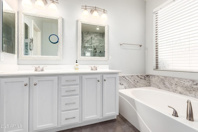 81 E Rock Wren Dr, San Tan Valley, AZ 85143 - full bathroom with double vanity, a garden tub, tile patterned flooring, and a shower