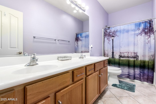81 E Rock Wren Dr, San Tan Valley, AZ 85143 - bathroom featuring toilet, double vanity, tile patterned floors, and curtained shower