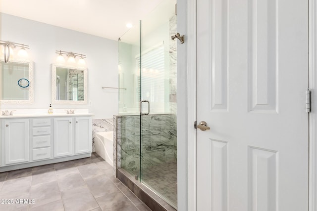 81 E Rock Wren Dr, San Tan Valley, AZ 85143 - full bathroom featuring a bath, a marble finish shower, double vanity, and tile patterned floors