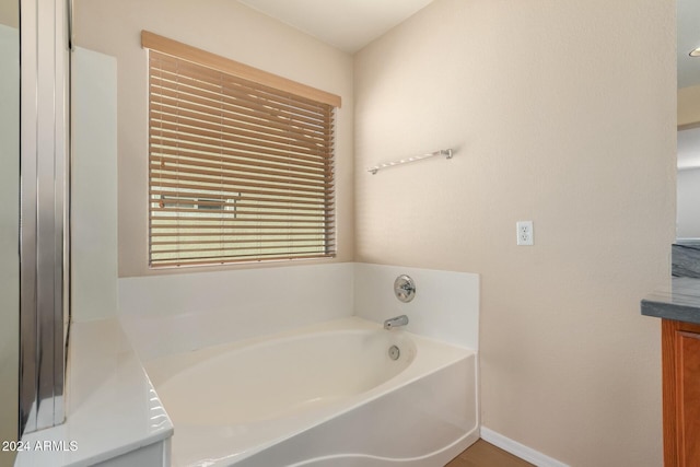 bathroom with vanity and a washtub