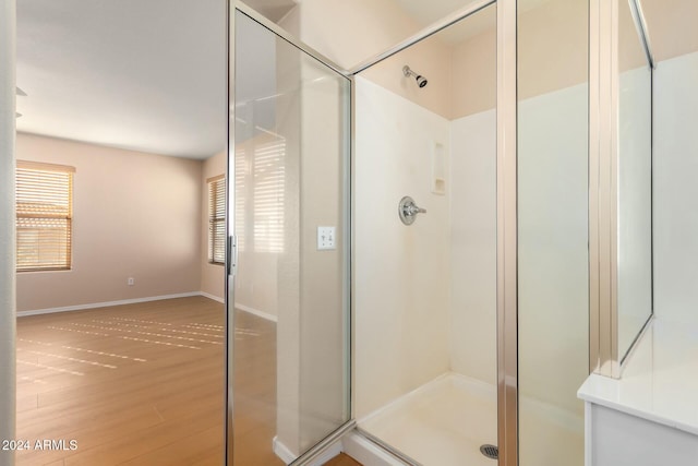 bathroom with hardwood / wood-style flooring and walk in shower