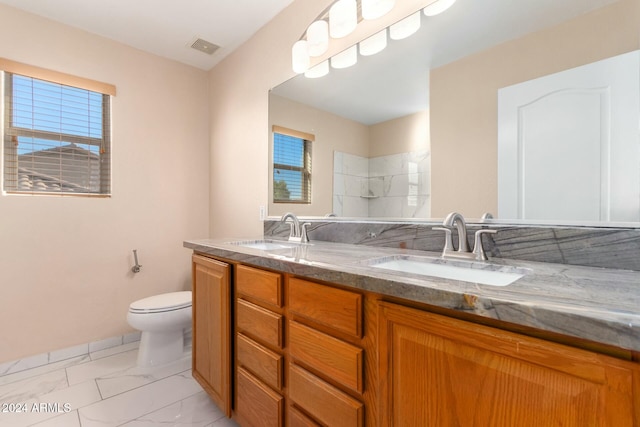 bathroom with vanity, toilet, and walk in shower