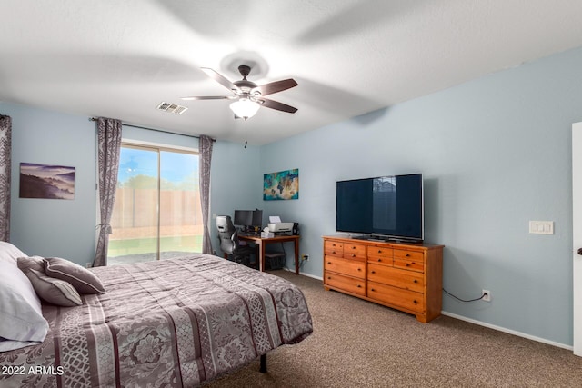 bedroom with ceiling fan, carpet, and access to outside