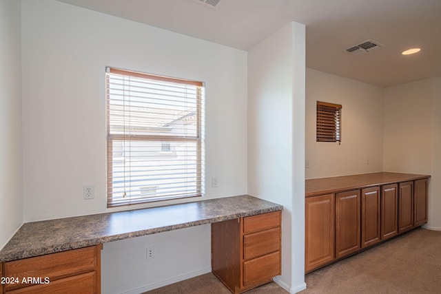 interior space with built in desk and light colored carpet