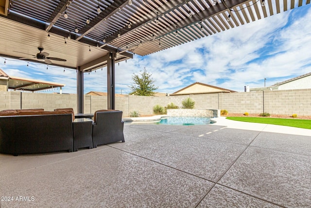 view of patio / terrace with a fenced in pool, ceiling fan, and a pergola