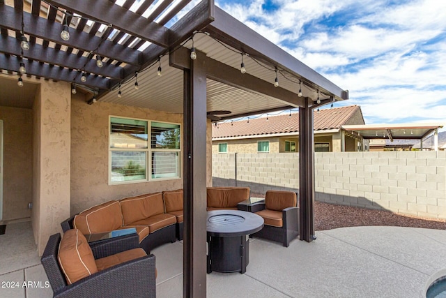 view of patio with an outdoor hangout area and a pergola