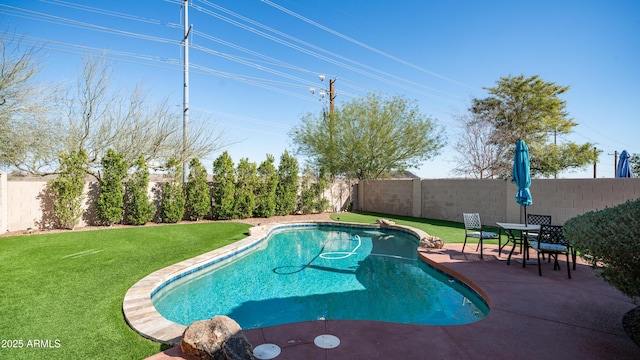 view of pool with a fenced in pool, a patio area, a yard, and a fenced backyard