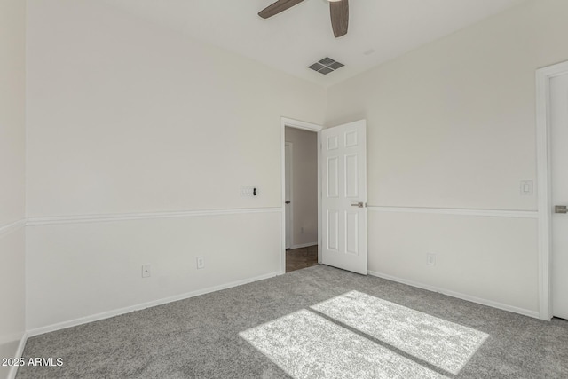 unfurnished bedroom featuring ceiling fan and carpet flooring