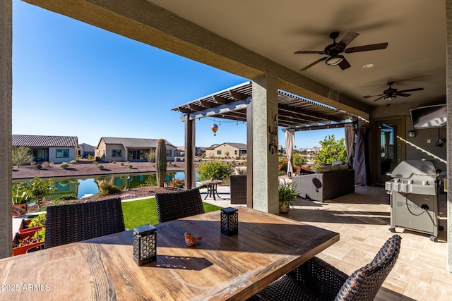 view of patio / terrace featuring an outdoor living space, a pergola, ceiling fan, and a grill