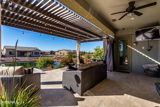 view of patio with a pergola, an outdoor hangout area, and ceiling fan