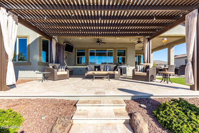 view of patio with an outdoor living space, a pergola, ceiling fan, and a grill