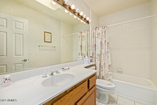 full bathroom with toilet, shower / tub combo, vanity, and tile patterned floors