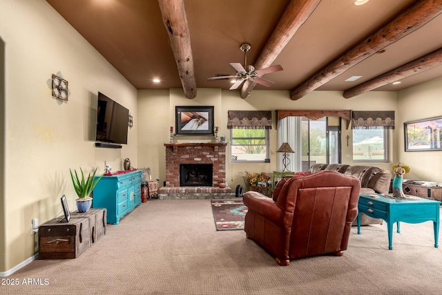 carpeted living room featuring a ceiling fan, recessed lighting, a fireplace, and beam ceiling