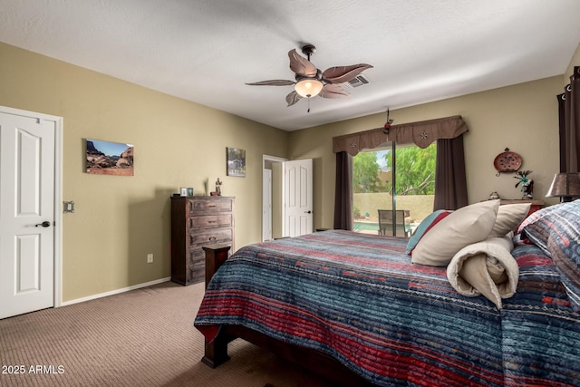 carpeted bedroom with ceiling fan, baseboards, visible vents, and access to exterior