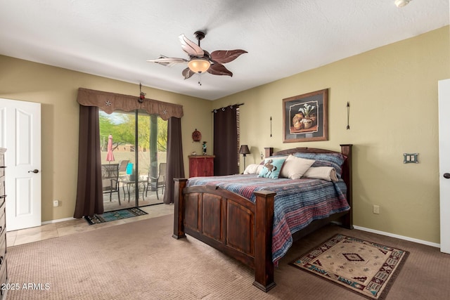 bedroom featuring ceiling fan, light carpet, baseboards, and access to exterior
