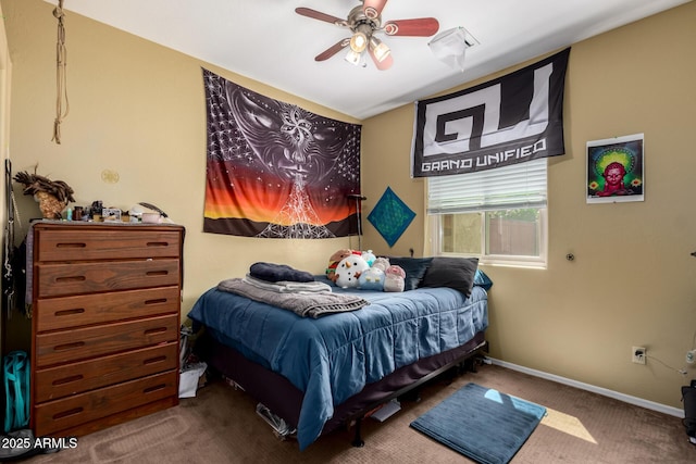 bedroom featuring carpet flooring, baseboards, and a ceiling fan