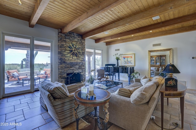1401 E Boulder Pass, Carefree, AZ 85377 - living room featuring stone tile flooring, wood ceiling, beam ceiling, and visible vents