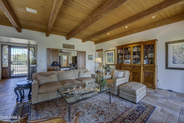 1401 E Boulder Pass, Carefree, AZ 85377 - living room with wood ceiling, beamed ceiling, and stone tile flooring
