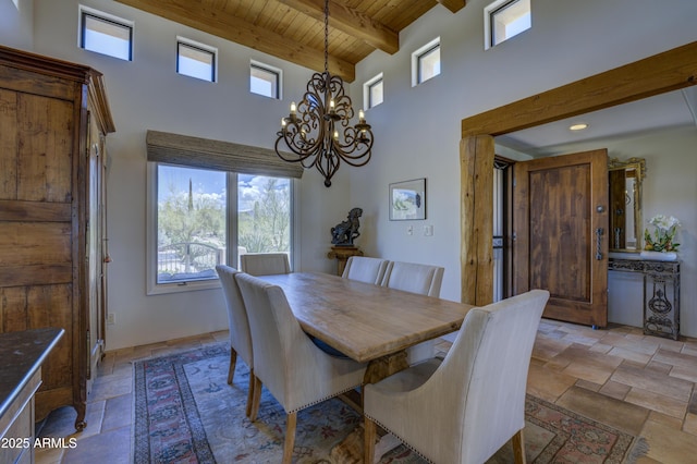 1401 E Boulder Pass, Carefree, AZ 85377 - dining room with wooden ceiling, a towering ceiling, and stone tile floors
