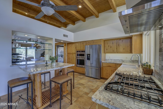 1401 E Boulder Pass, Carefree, AZ 85377 - kitchen with wood ceiling, exhaust hood, visible vents, a sink, and stainless steel appliances
