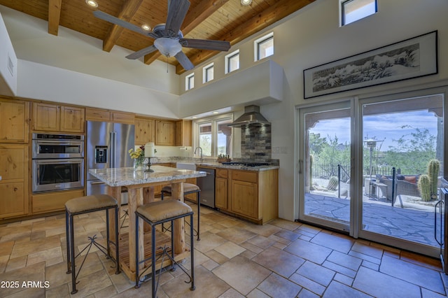 1401 E Boulder Pass, Carefree, AZ 85377 - kitchen featuring a ceiling fan, a high ceiling, appliances with stainless steel finishes, and wooden ceiling