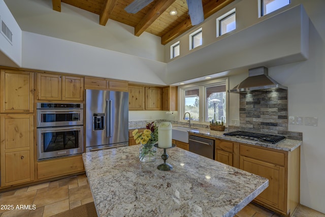 1401 E Boulder Pass, Carefree, AZ 85377 - kitchen with wood ceiling, beamed ceiling, stainless steel appliances, and light stone counters