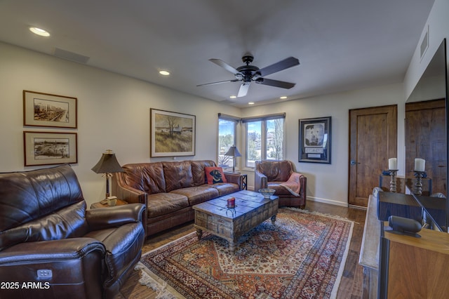 1401 E Boulder Pass, Carefree, AZ 85377 - living room featuring ceiling fan, visible vents, wood finished floors, baseboards, and recessed lighting