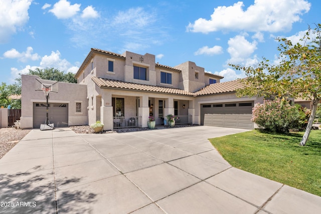 19339 E Mockingbird Dr, Queen Creek, AZ 85142 - mediterranean / spanish-style home featuring an attached garage, driveway, stucco siding, and covered porch