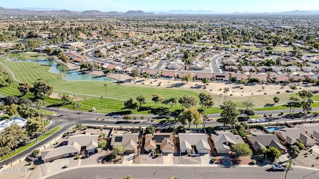 bird's eye view featuring a water and mountain view