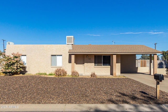 ranch-style house with central air condition unit, roof with shingles, and stucco siding