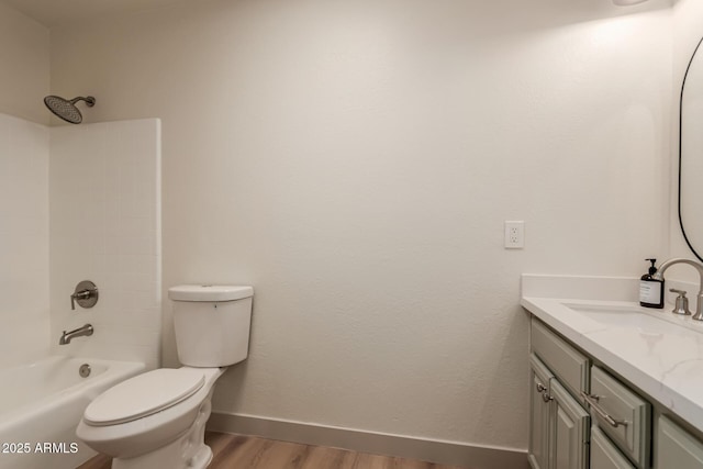 full bathroom featuring shower / bath combination, toilet, vanity, and wood-type flooring