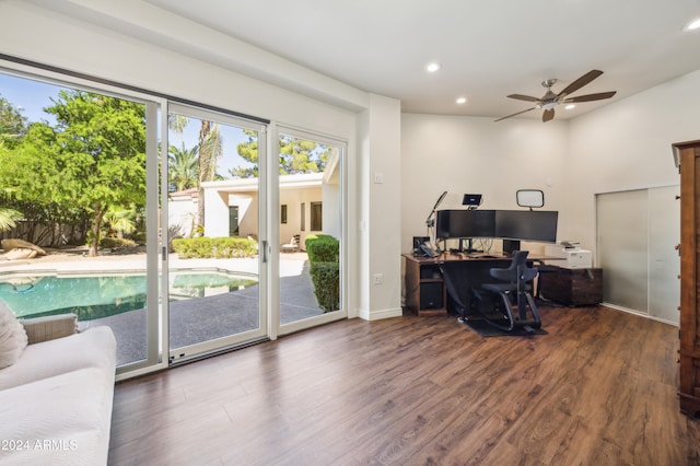 office with ceiling fan and dark hardwood / wood-style flooring