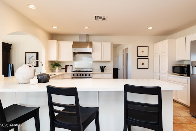 kitchen featuring white cabinetry, appliances with stainless steel finishes, wall chimney exhaust hood, and sink