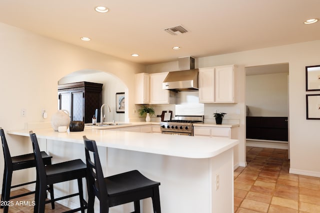 kitchen featuring high end stainless steel range oven, sink, wall chimney range hood, and kitchen peninsula