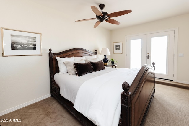 carpeted bedroom featuring french doors and ceiling fan