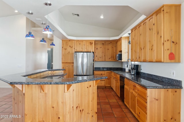 kitchen featuring freestanding refrigerator, dishwasher, visible vents, and light tile patterned floors